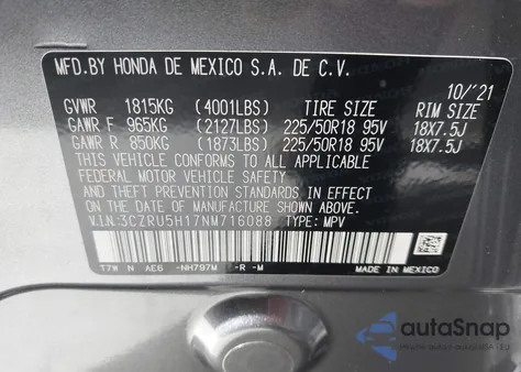 2022 Honda Hr-V 2Wd Sport из США, поврежденный, VIN 3CZRU5H17NM716088